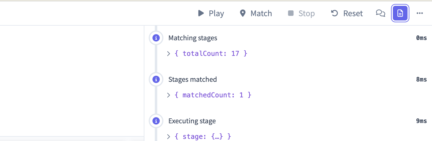 Play, Match, Stop, and Reset controls in the top bar